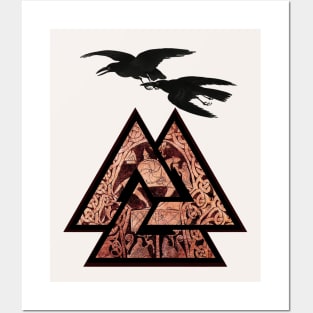 VALKNUT VIKING SYMBOL,ODIN HORSEBACK AND TWO RAVENS FLYING Posters and Art